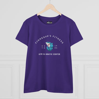 Purple workout shirt women graphic with Finnegan's Fitness shark design printed on front
