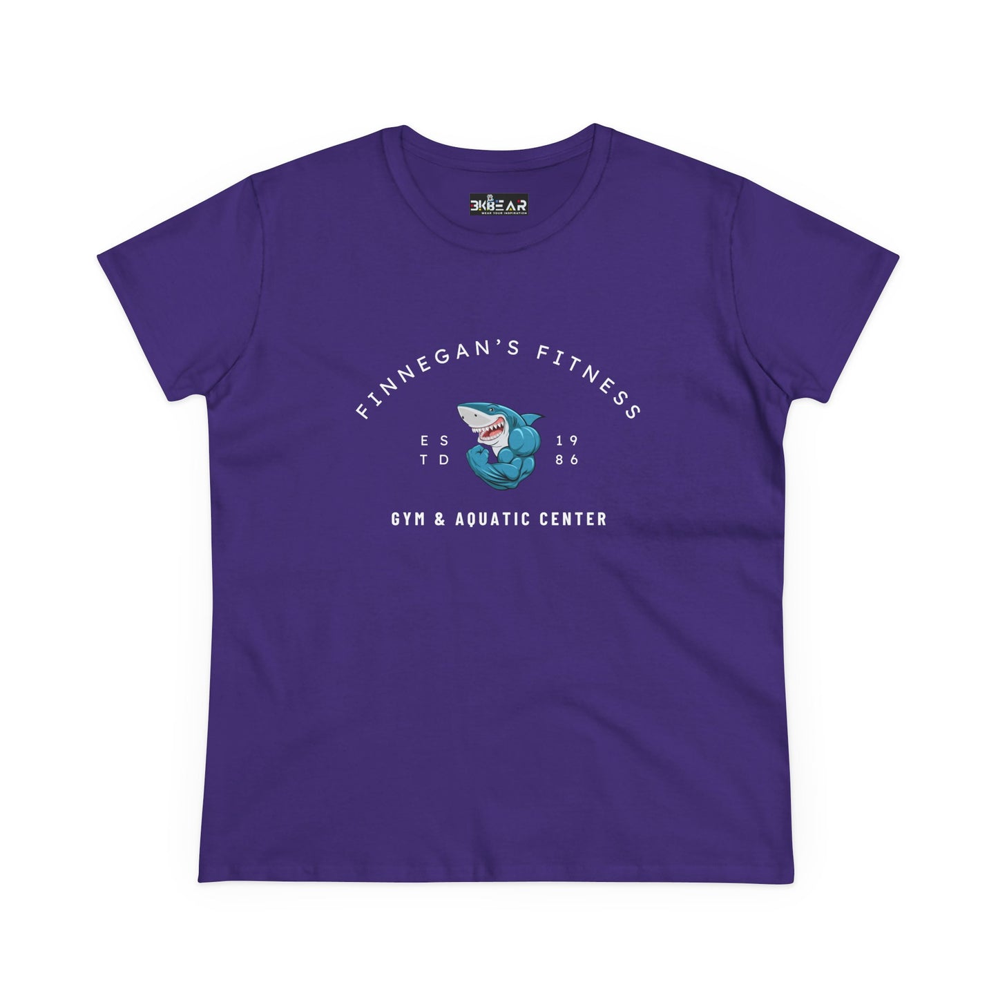 Purple workout shirt women graphic with Finnegan's Fitness shark logo printed on front