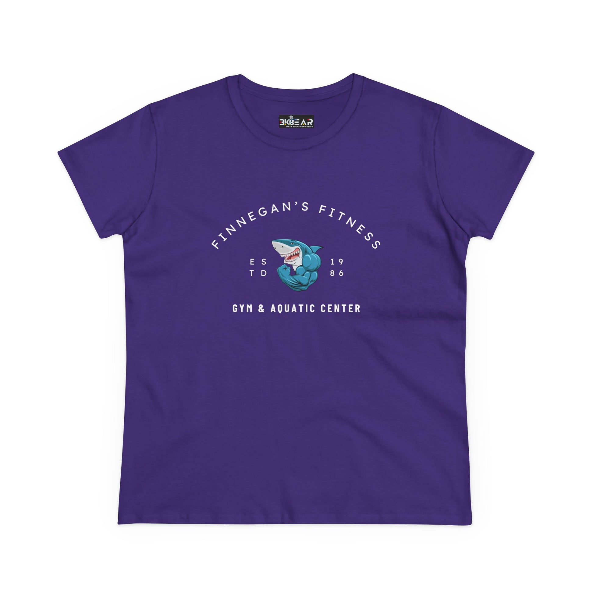 Purple workout shirt women graphic with Finnegan's Fitness shark logo printed on front