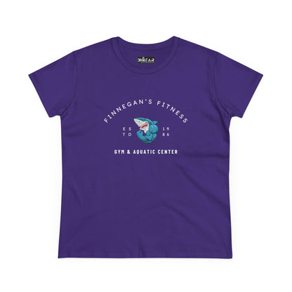 Purple workout shirt women graphic with Finnegan's Fitness shark logo printed on front