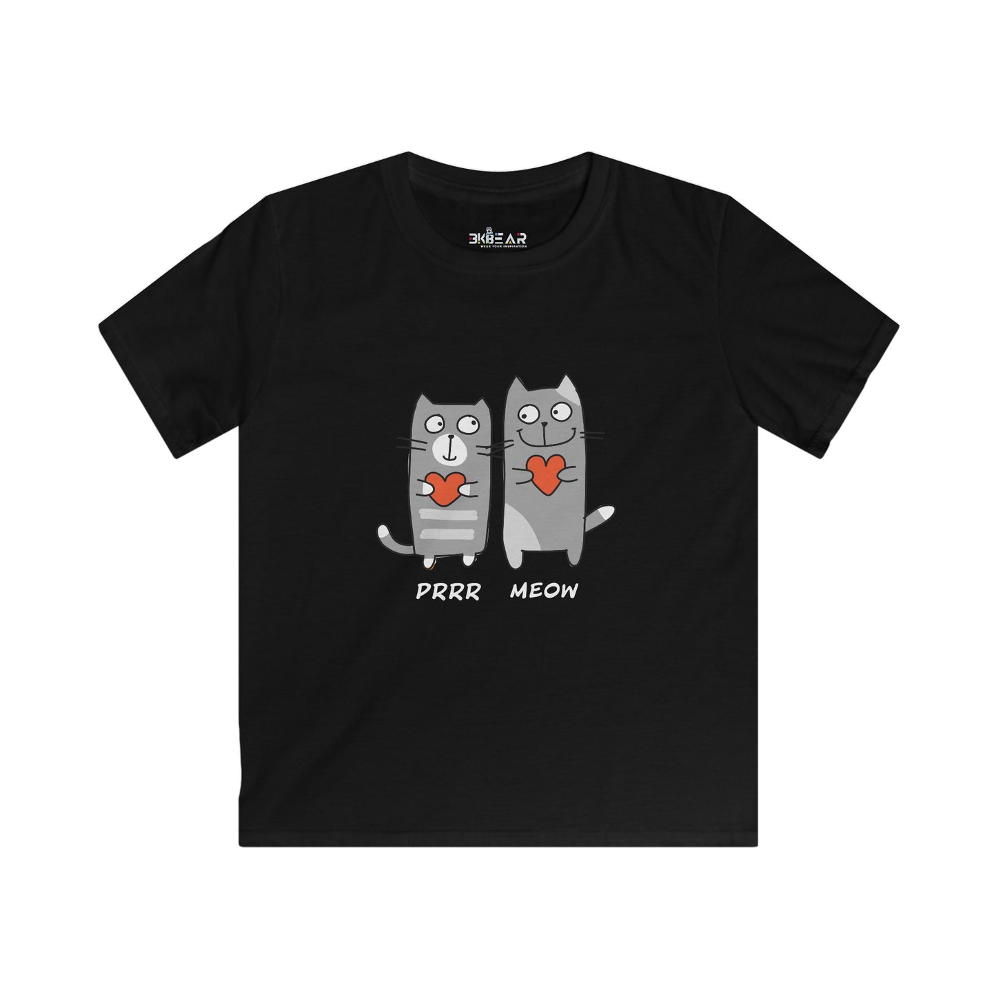Black cat lover kids shirt with two cartoon cats holding red hearts and purr meow text