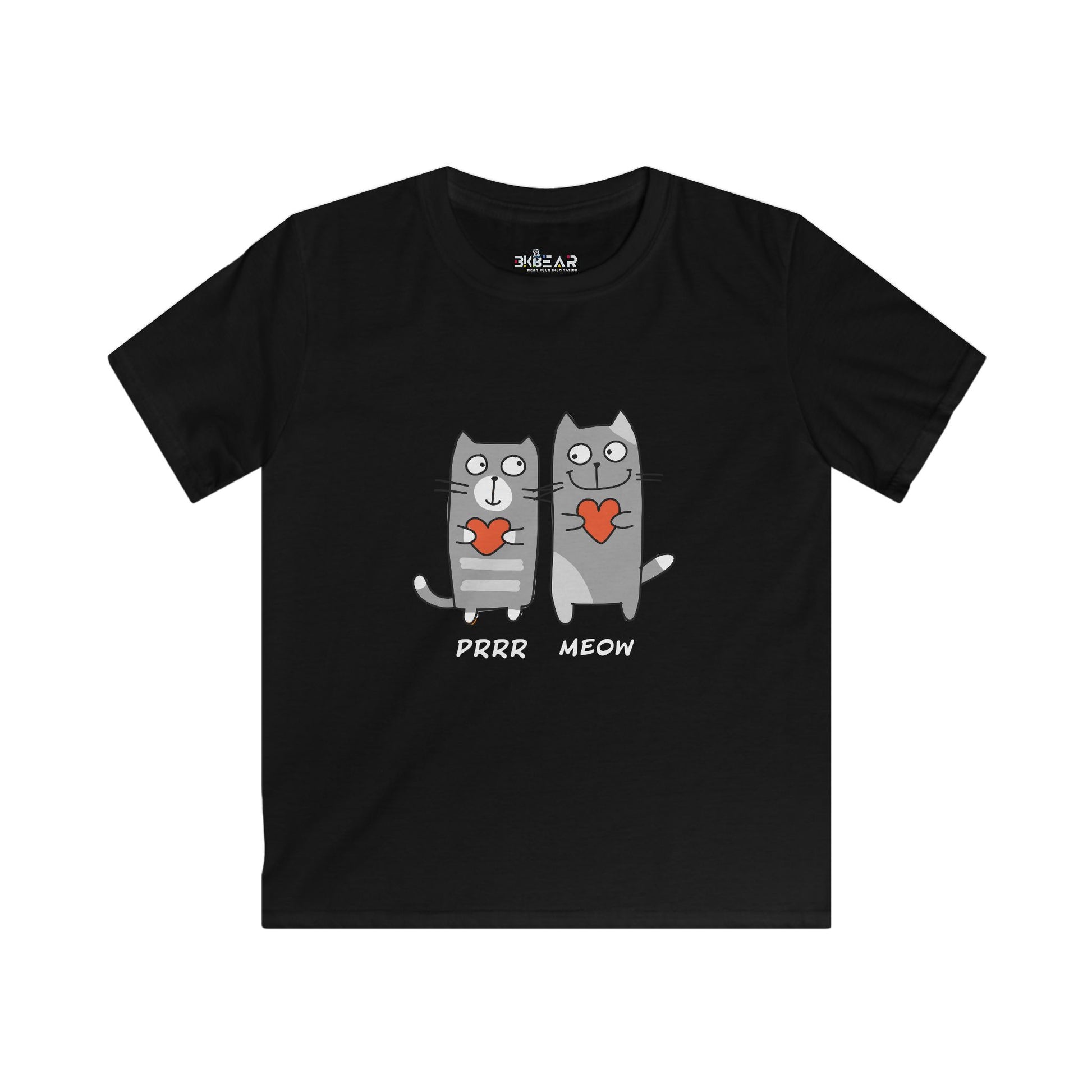 Black cat lover kids shirt with two cartoon cats holding red hearts and purr meow text