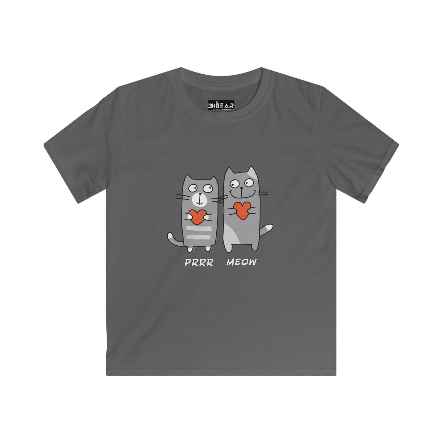 Gray cat lover kids shirt with two cartoon cats holding red hearts and text purr meow