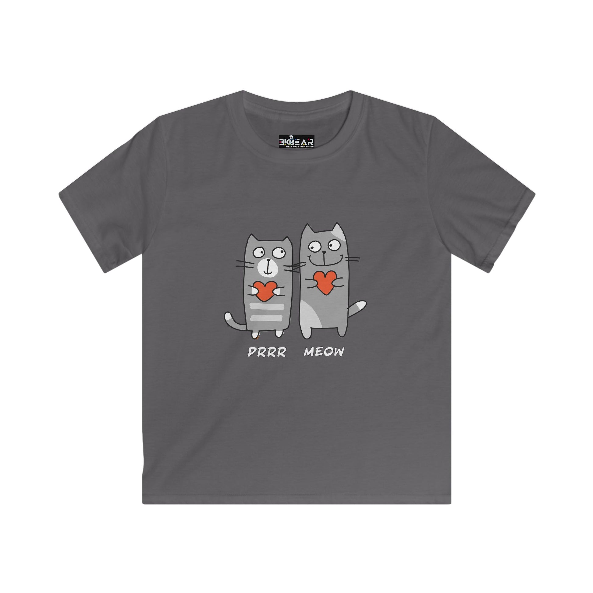 Gray cat lover kids shirt with two cartoon cats holding red hearts and text purr meow
