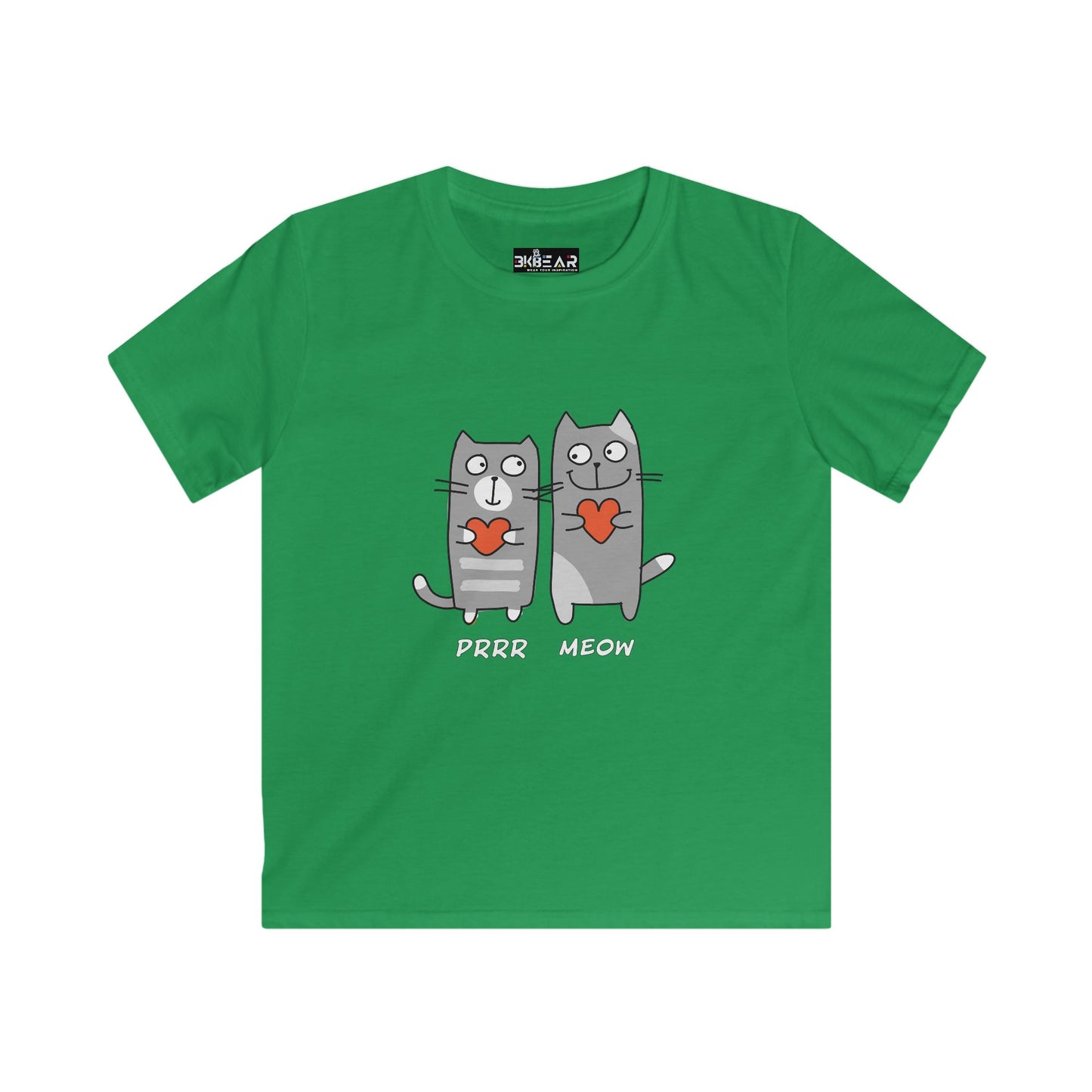 Green cat lover kids shirt with two cartoon cats holding hearts and text purr meow