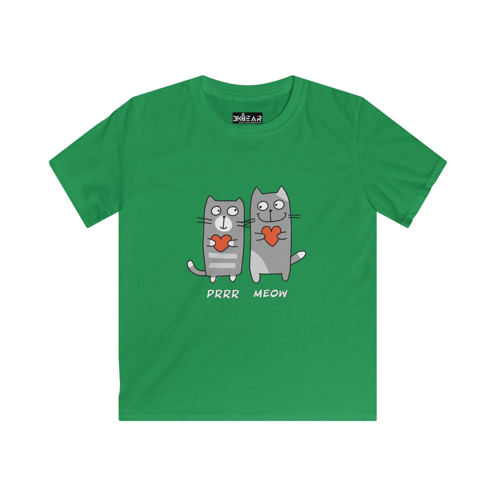 Green cat lover kids shirt with two cartoon cats holding hearts and text purr meow