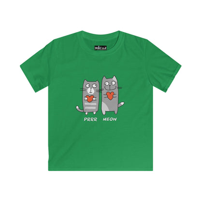 Green cat lover kids shirt with two cartoon cats holding hearts and text purr meow