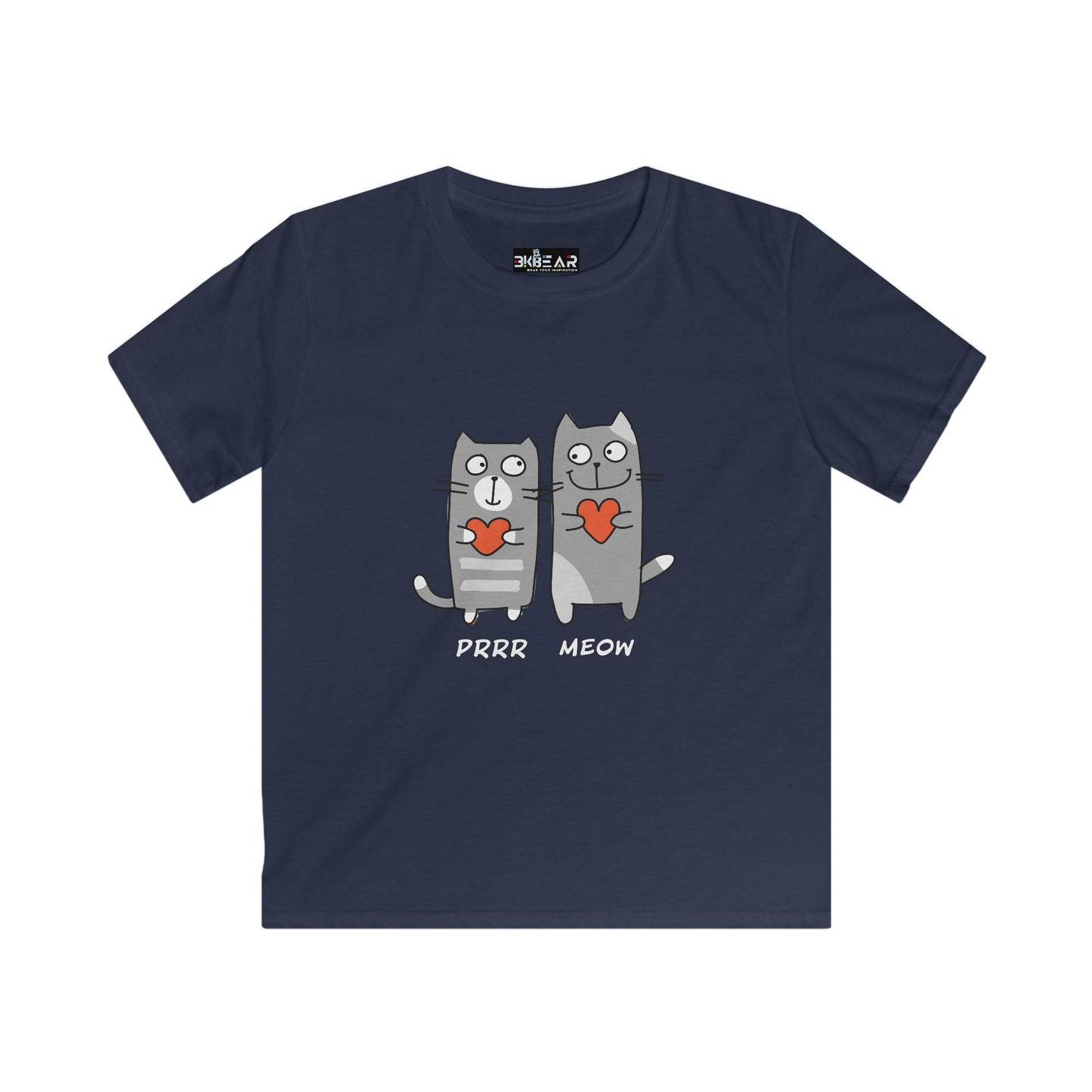 Navy cat lover kids shirt with cute cartoon cats holding hearts and text purr meow