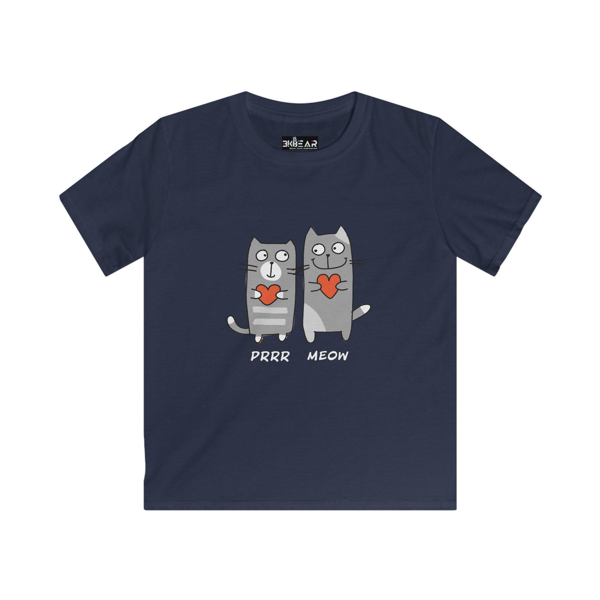 Navy cat lover kids shirt with cute cartoon cats holding hearts and text purr meow