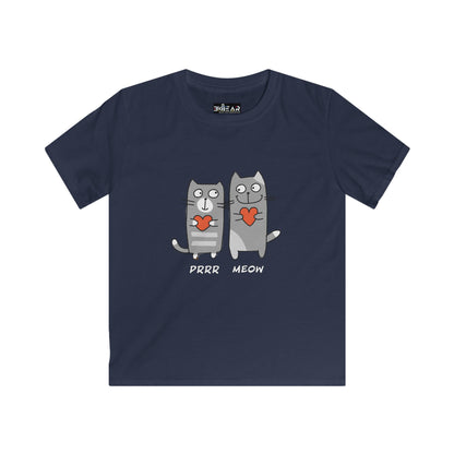 Navy cat lover kids shirt with cute cartoon cats holding hearts and text purr meow