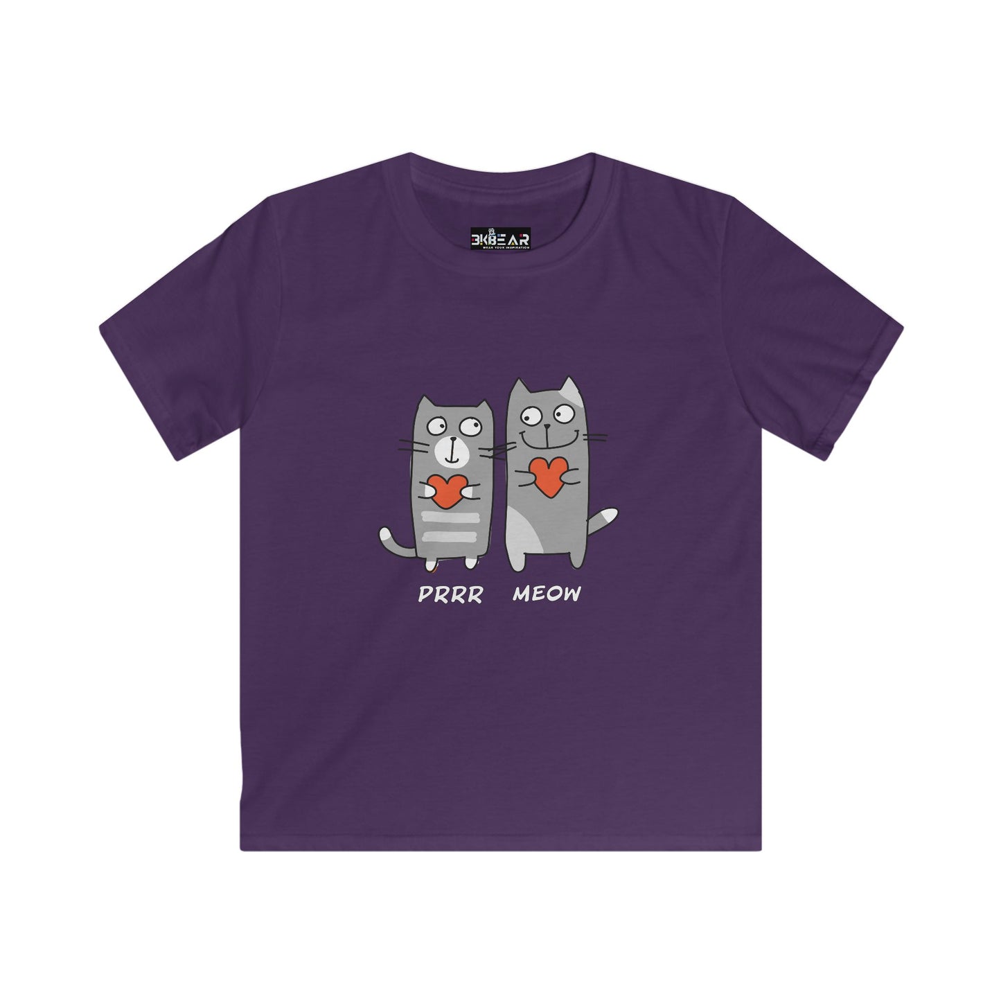 Purple cat lover kids shirt with cute gray cats holding red hearts and purr meow text
