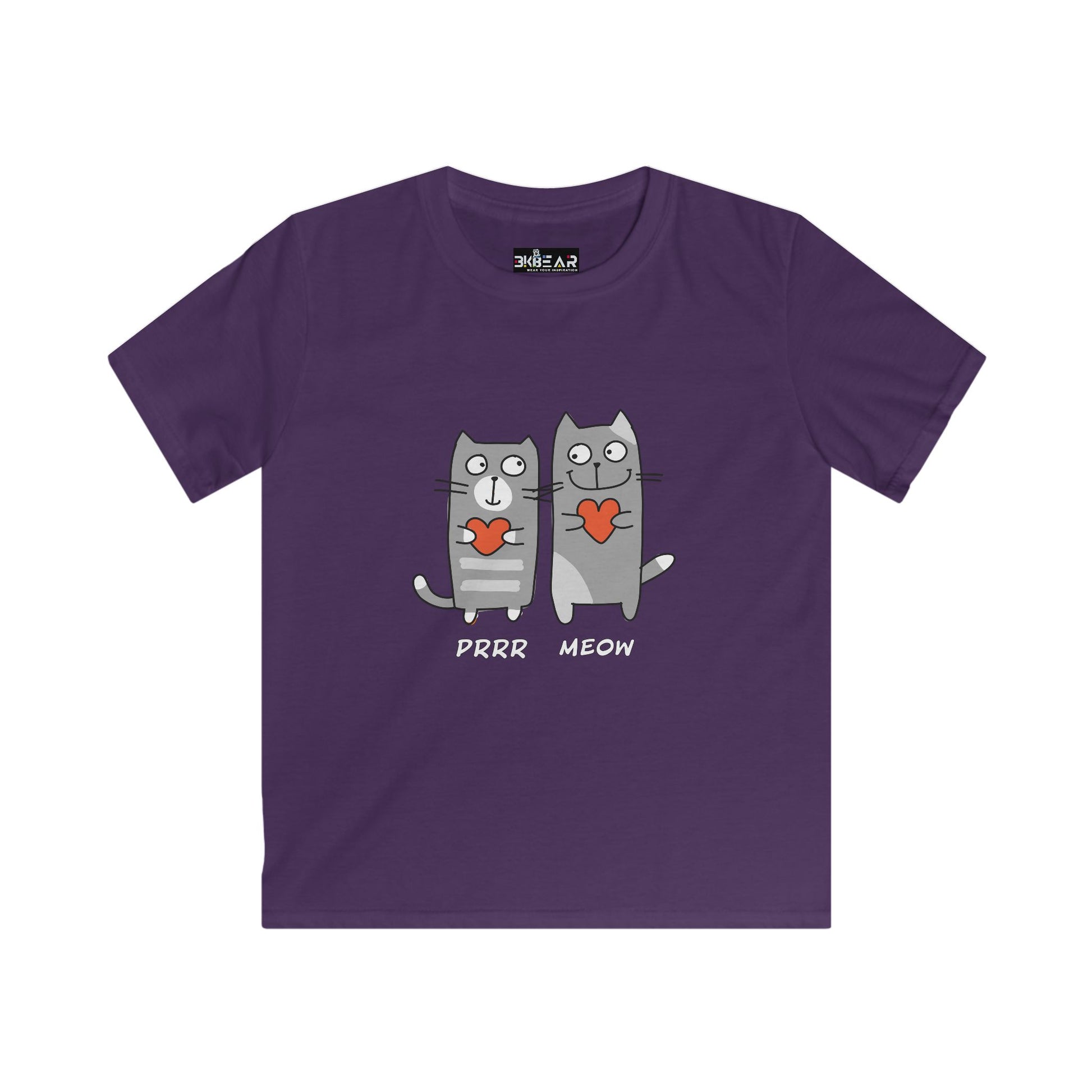 Purple cat lover kids shirt with cute gray cats holding red hearts and purr meow text