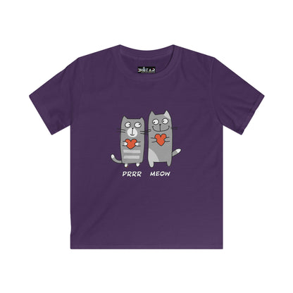 Purple cat lover kids shirt with cute gray cats holding red hearts and purr meow text