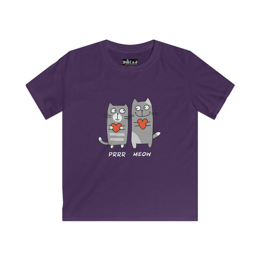 Purple cat lover kids shirt with cute gray cats holding red hearts and purr meow text