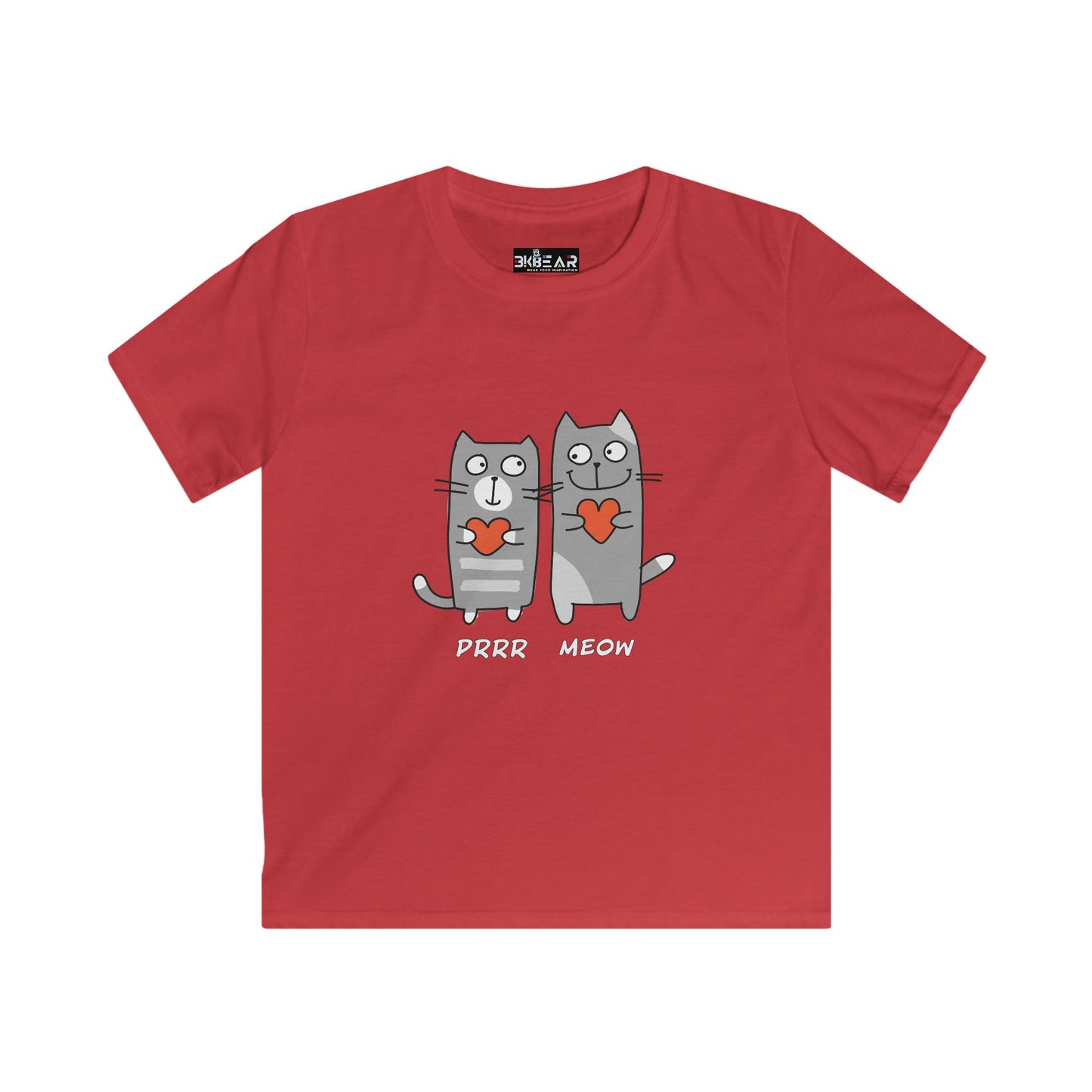 Red cat lover kids shirt with cute grey cartoon cats holding hearts and words prrr meow
