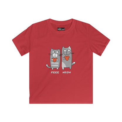 Red cat lover kids shirt with cute grey cartoon cats holding hearts and words prrr meow