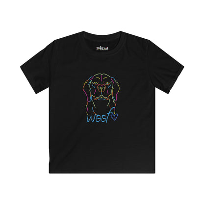 Black kids childrens tee shirts with colorful neon dog face and woof heart design by Printify