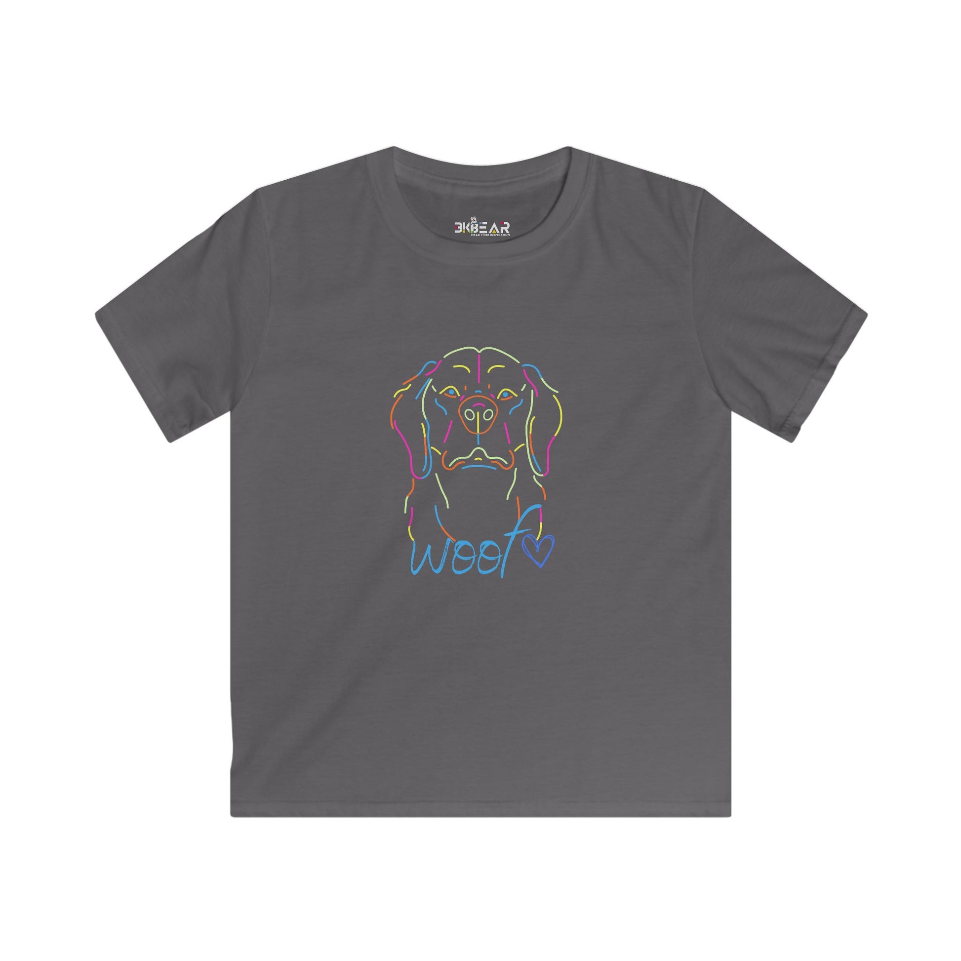 Gray childrens tee shirts featuring colorful outline dog face and woof text by Printify