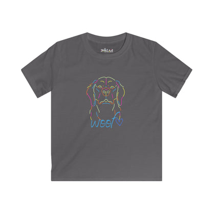 Gray childrens tee shirts featuring colorful outline dog face and woof text by Printify