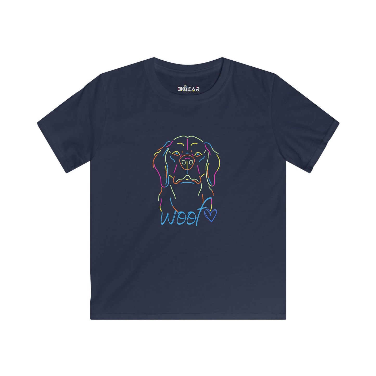Navy kids t-shirt with colorful dog face and woof heart design childrens tee shirts by Printify