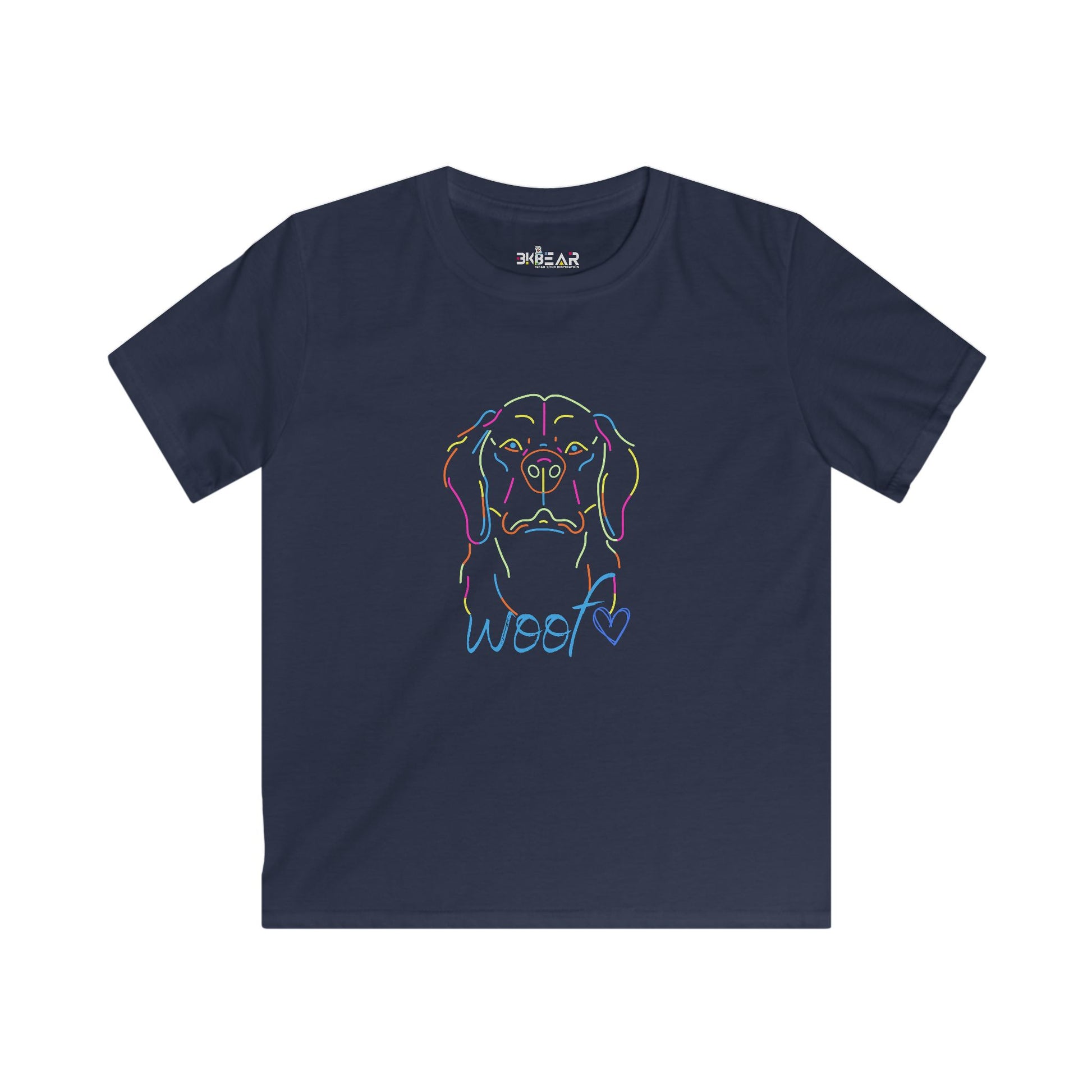 Navy kids t-shirt with colorful dog face and woof heart design childrens tee shirts by Printify
