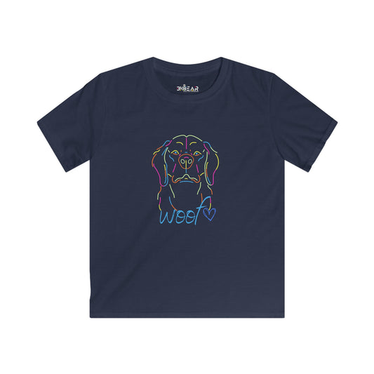 Navy kids t-shirt with colorful dog face and woof heart design childrens tee shirts by Printify