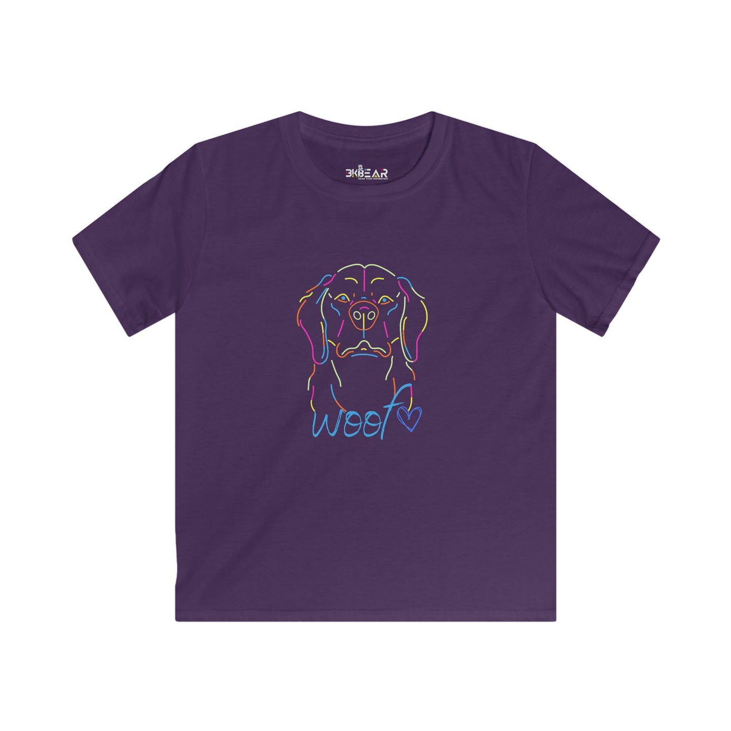 Purple childrens tee shirts with colorful line art dog face and woof text design
