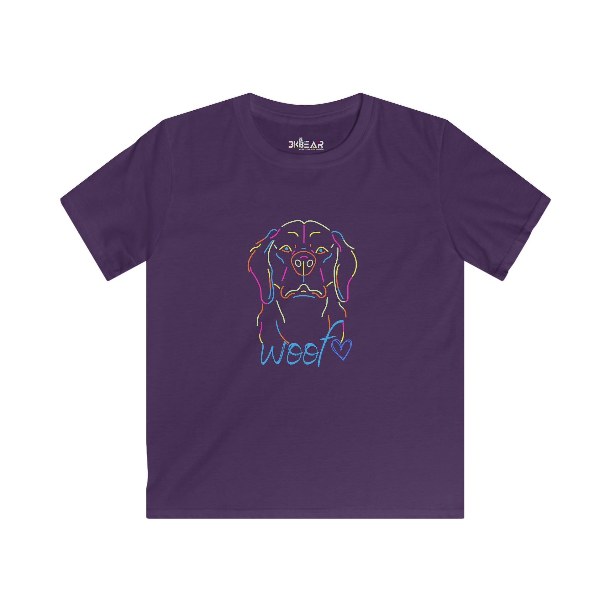 Purple childrens tee shirts with colorful line art dog face and woof text design