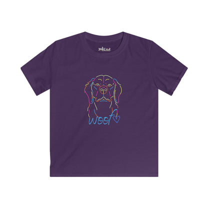 Purple childrens tee shirts with colorful line art dog face and woof text design