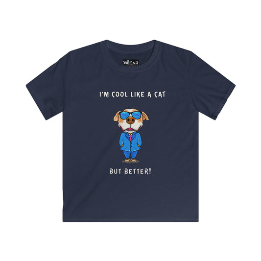 Navy Printify dog graphic kids tee with cartoon dog wearing sunglasses and text cool like a cat