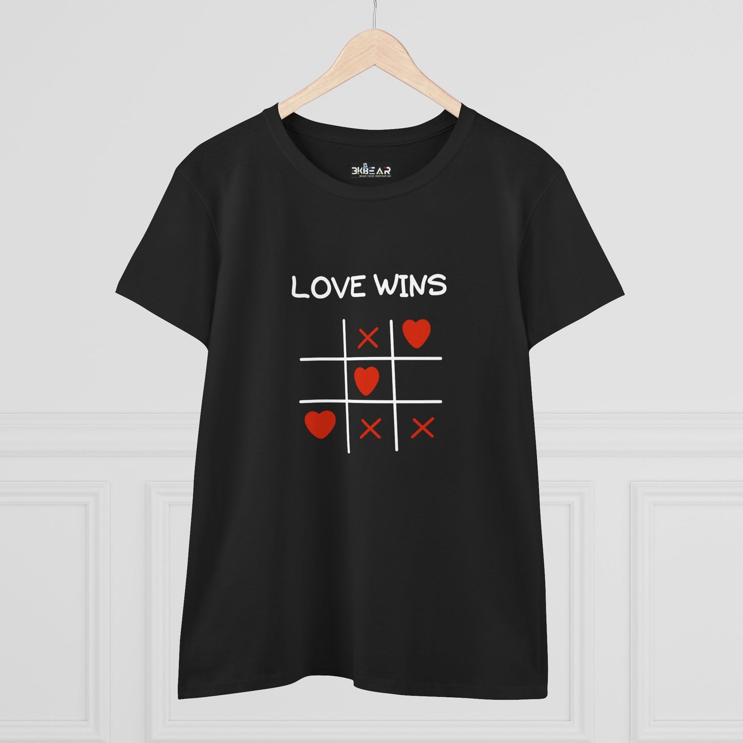 Black Printify inspirational cotton t-shirt for women with love wins tic tac toe heart design