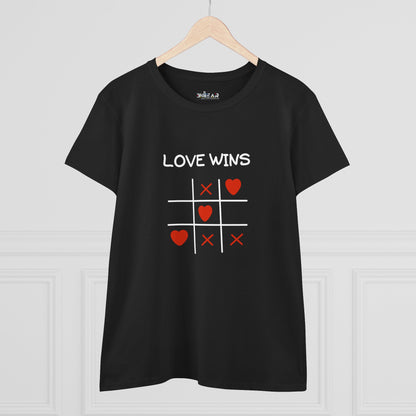 Black Printify inspirational cotton t-shirt for women with love wins tic tac toe heart design