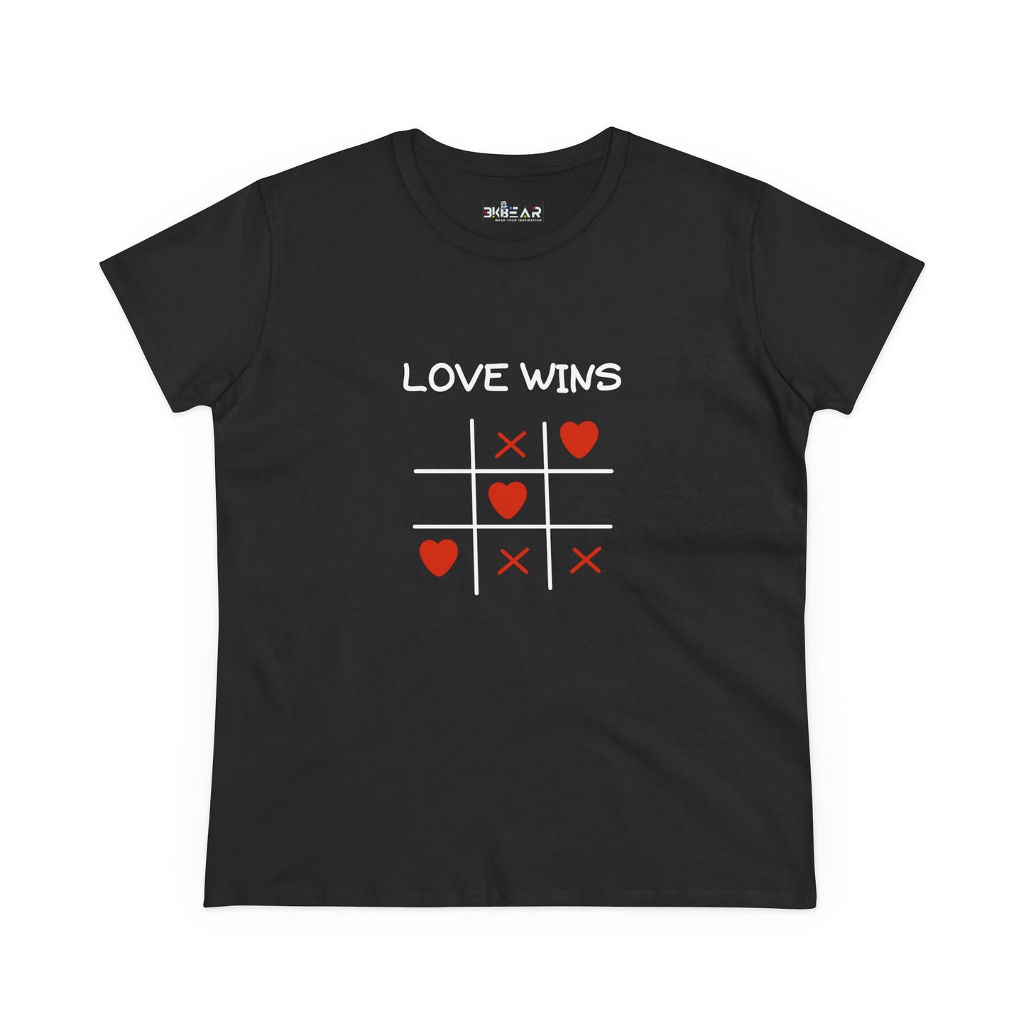 Inspirational cotton t-shirt for women in black with love wins tic tac toe heart design