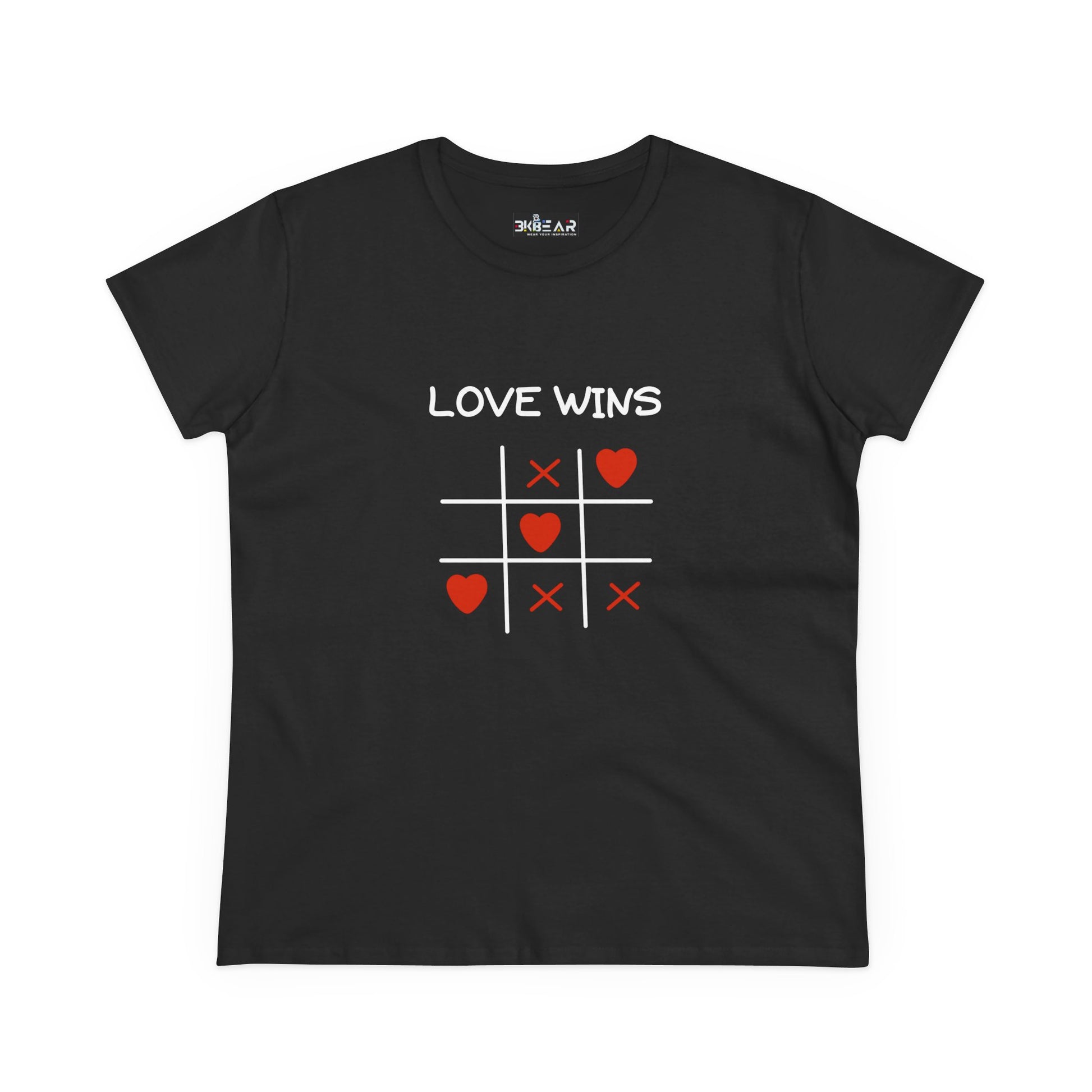 Inspirational cotton t-shirt for women in black with love wins tic tac toe heart design
