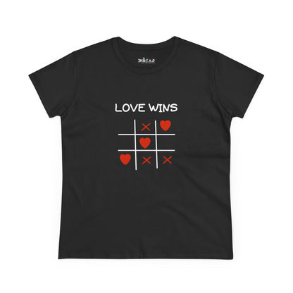 Inspirational cotton t-shirt for women in black with love wins tic tac toe heart design