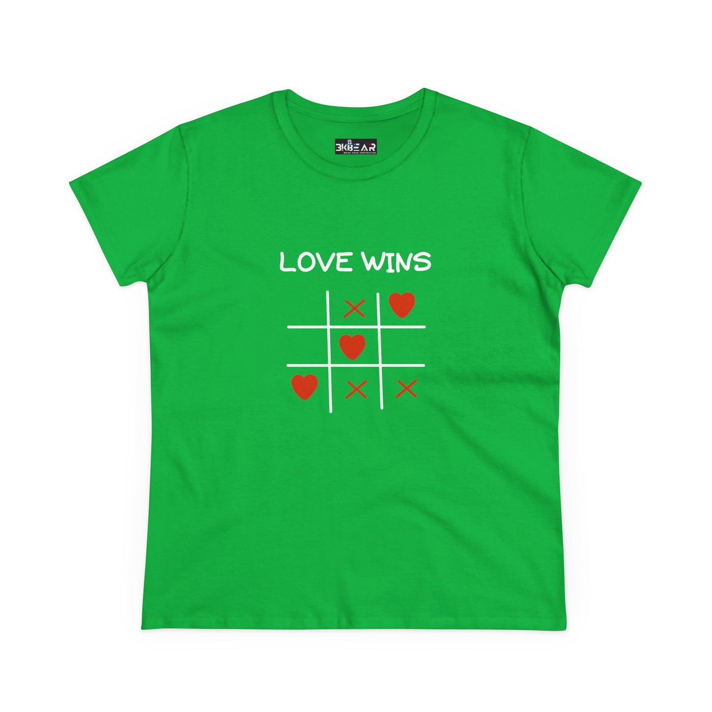 Printify green inspirational cotton t-shirt for women with love wins tic tac toe heart design