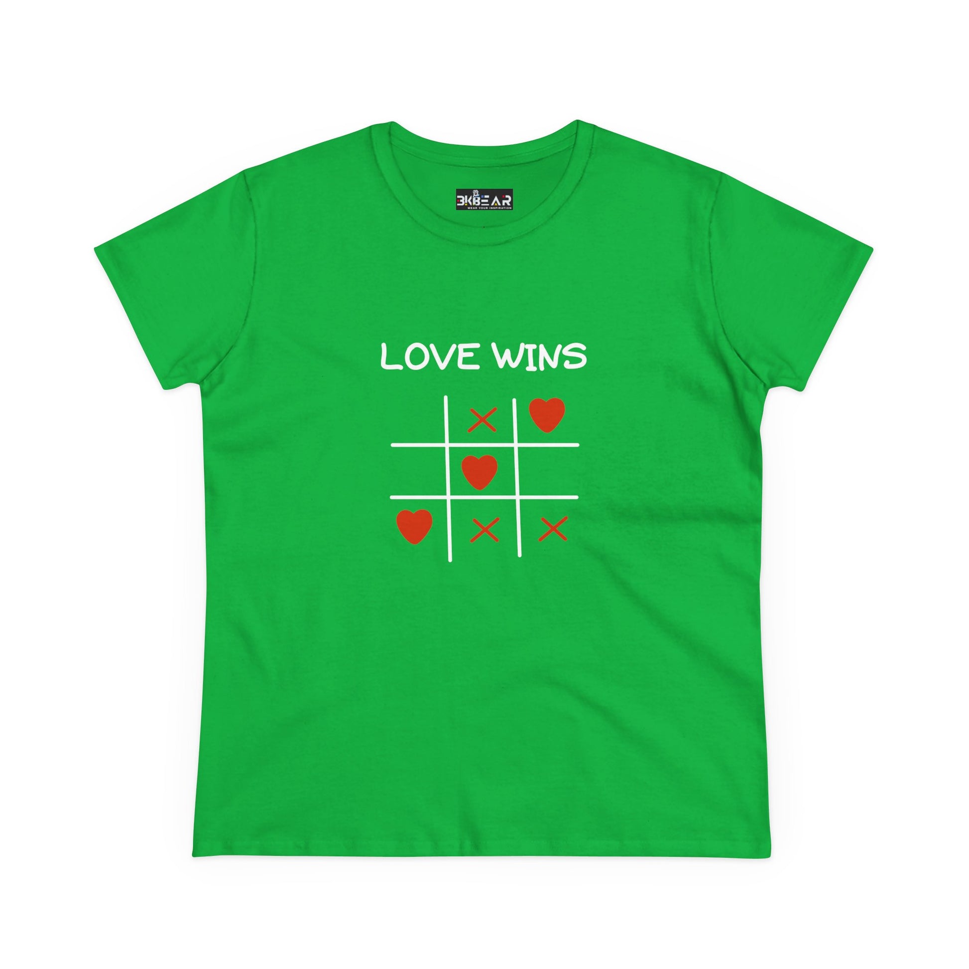 Printify green inspirational cotton t-shirt for women with love wins tic tac toe heart design