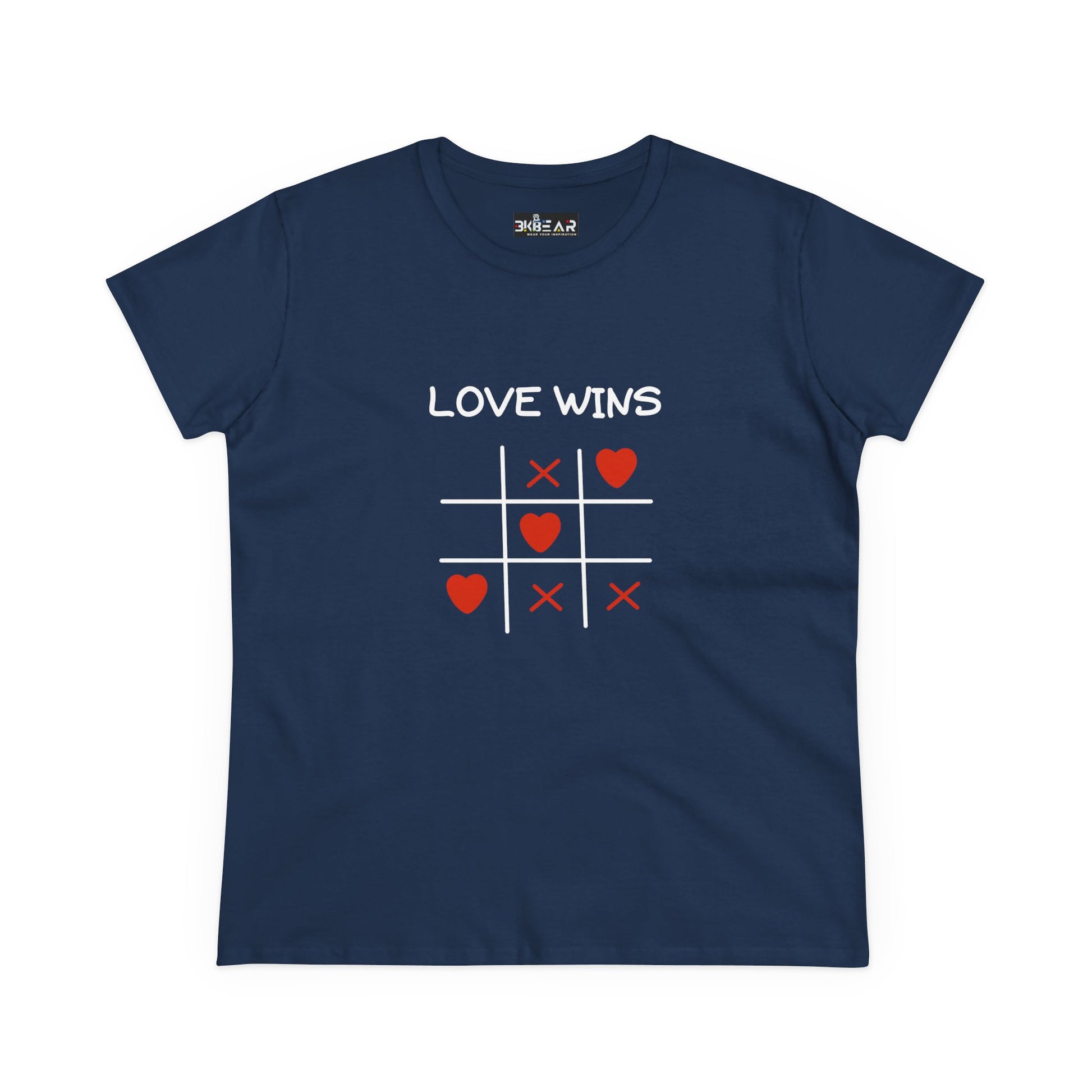 Navy Printify inspirational cotton t-shirt for women with love wins tic tac toe design