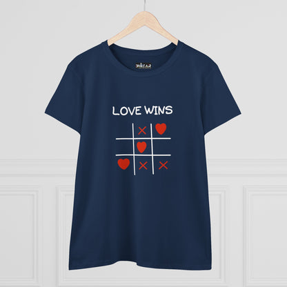 Navy blue inspirational cotton t-shirt for women with love wins tic tac toe design