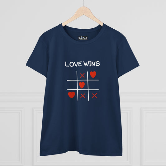 Navy blue inspirational cotton t-shirt for women with love wins tic tac toe design