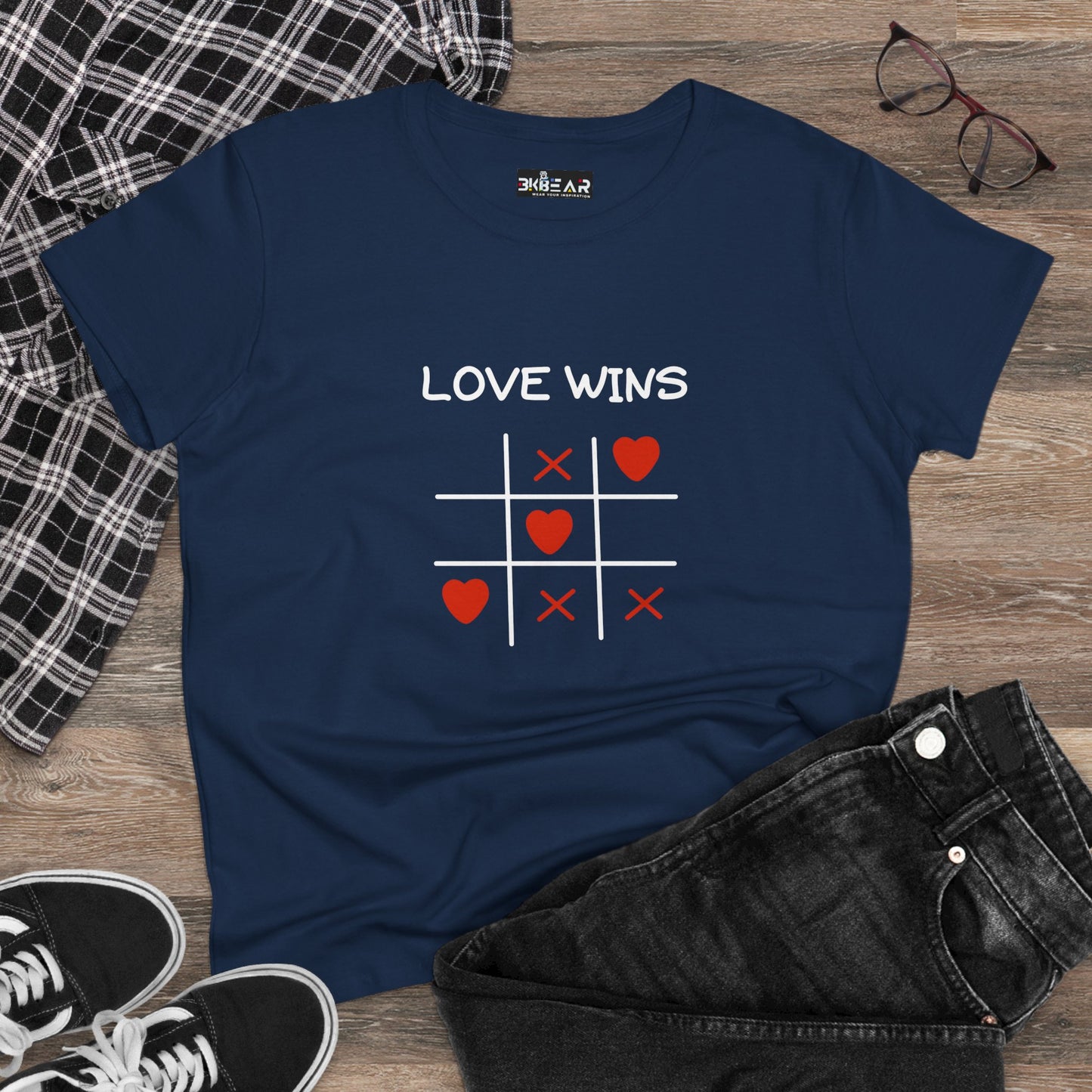 Inspirational cotton t-shirt for women in navy blue with love wins tic tac toe design
