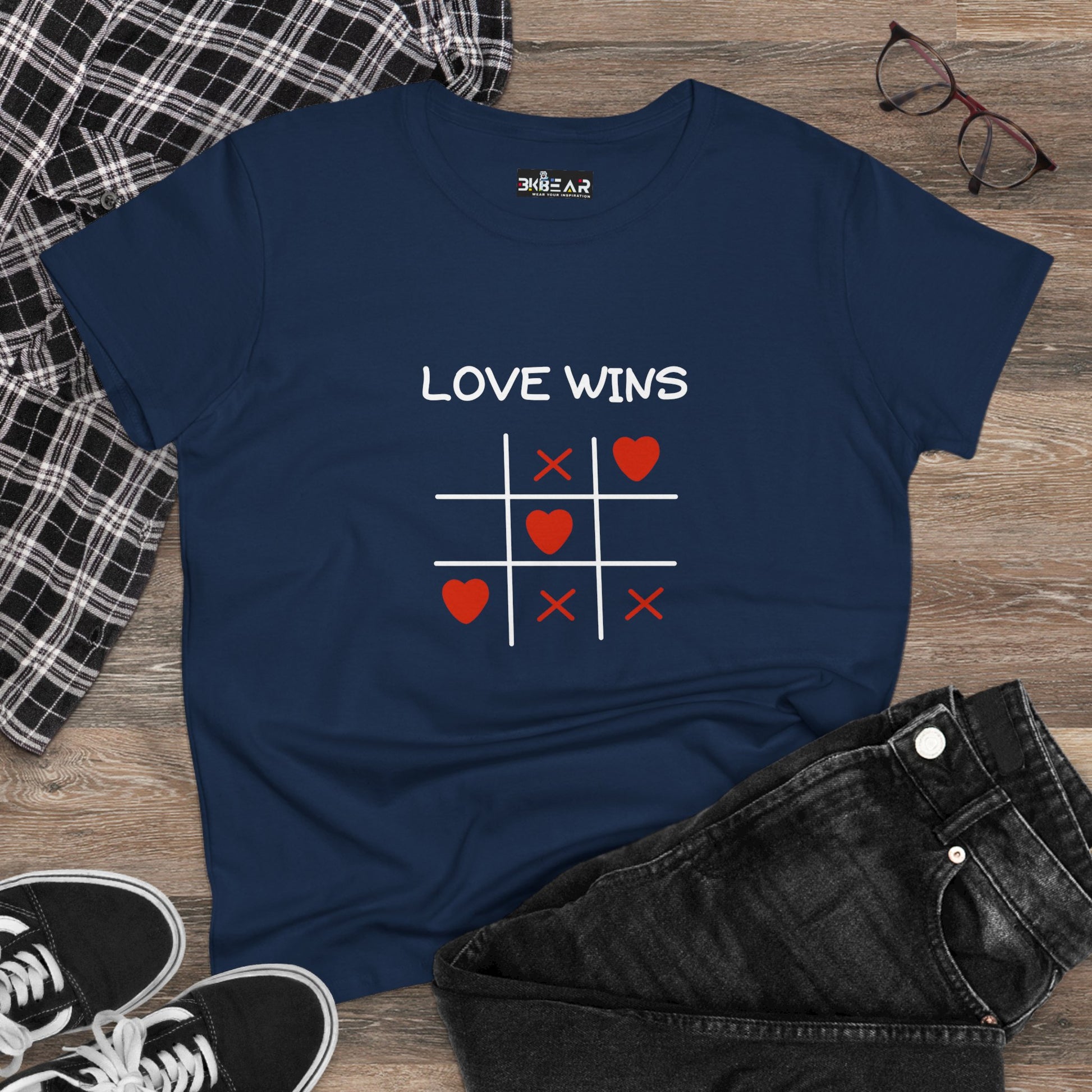 Inspirational cotton t-shirt for women in navy blue with love wins tic tac toe design