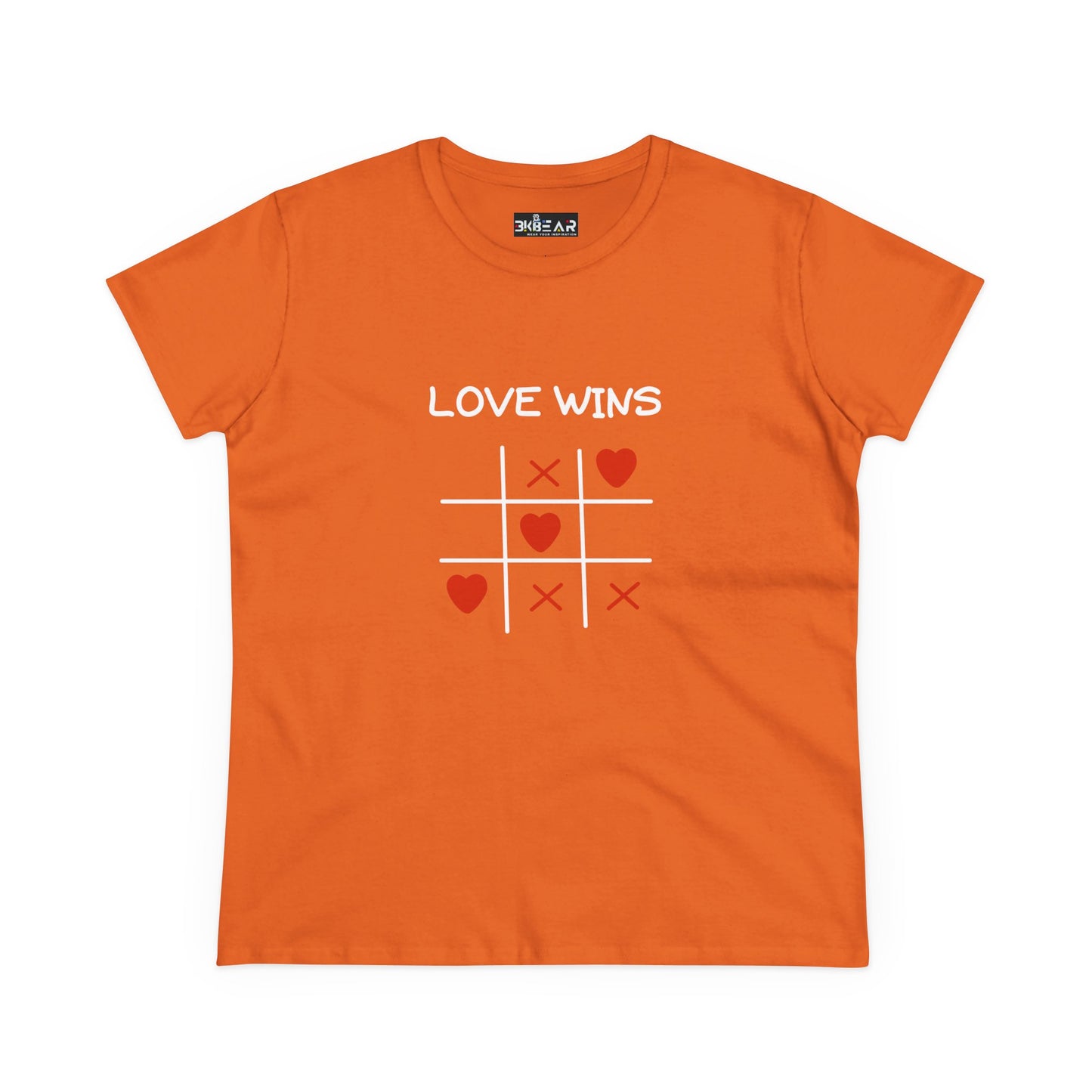 Orange inspirational cotton t-shirt for women with love wins tic tac toe heart design