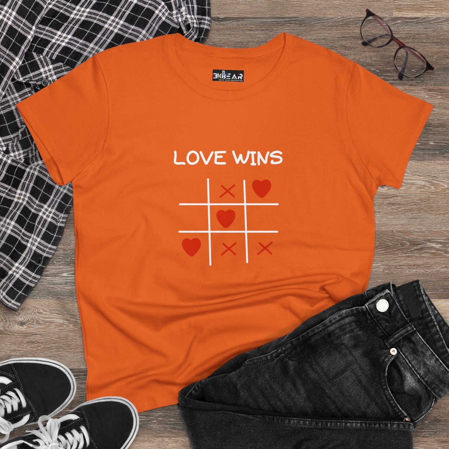 Orange inspirational cotton t-shirt for women with Love Wins tic tac toe design printed by Printify