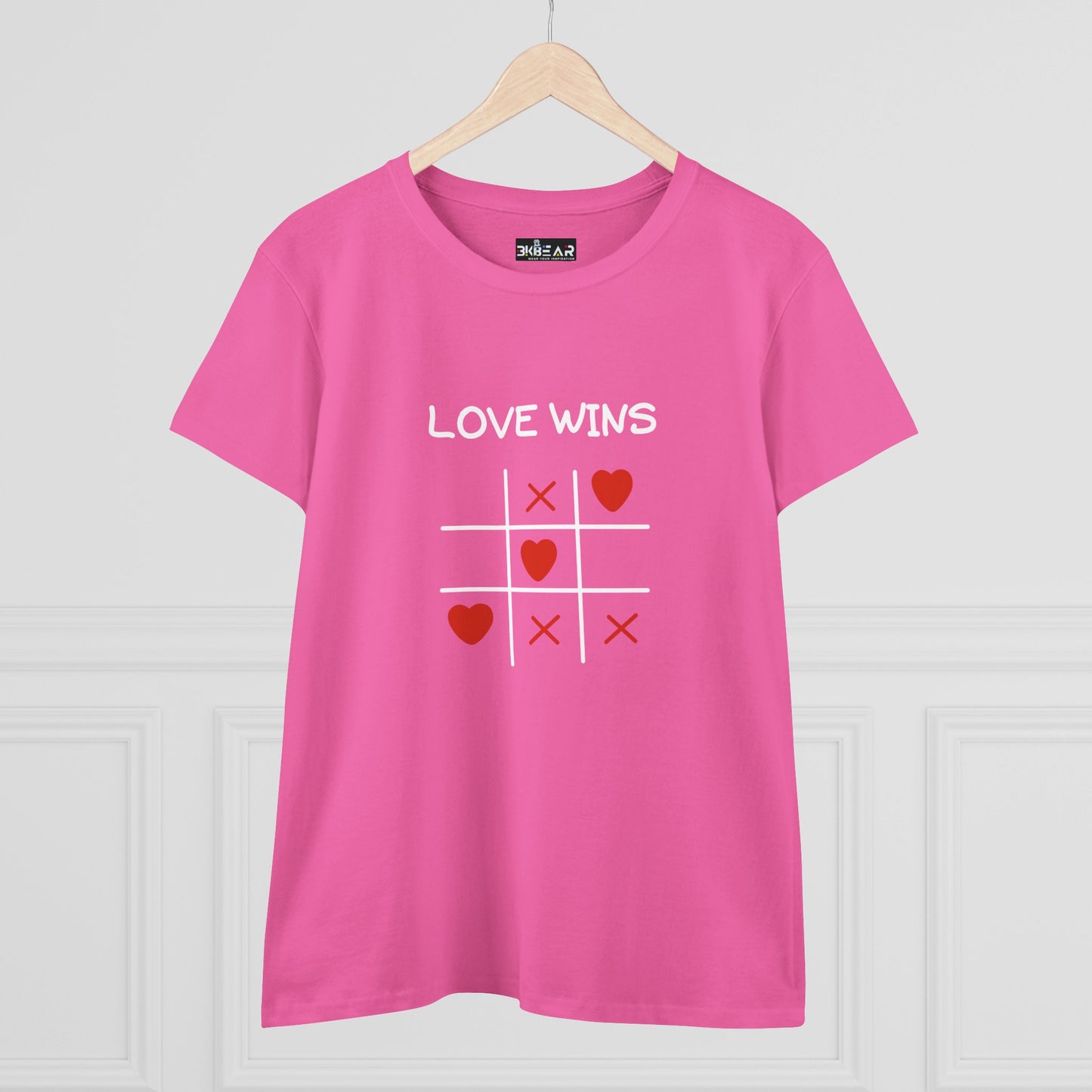 Pink inspirational cotton t-shirt for women with love wins tic tac toe design by Printify