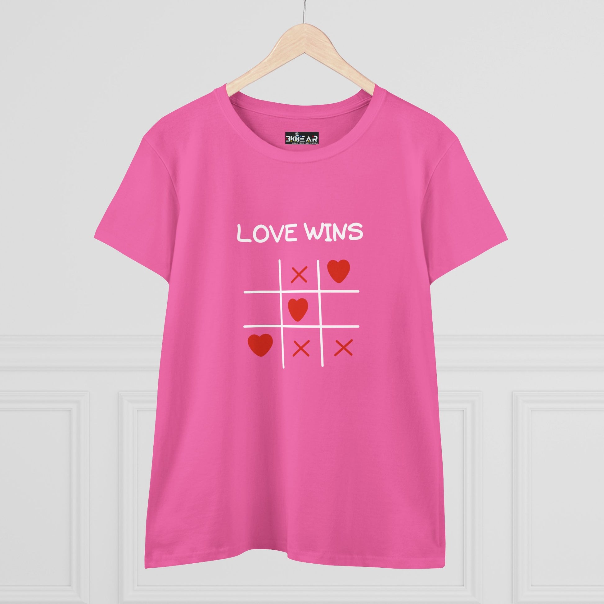 Pink inspirational cotton t-shirt for women with love wins tic tac toe design by Printify