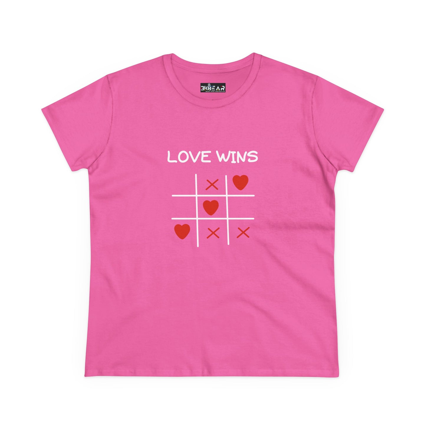 Pink inspirational cotton t-shirt for women with love wins tic tac toe heart design