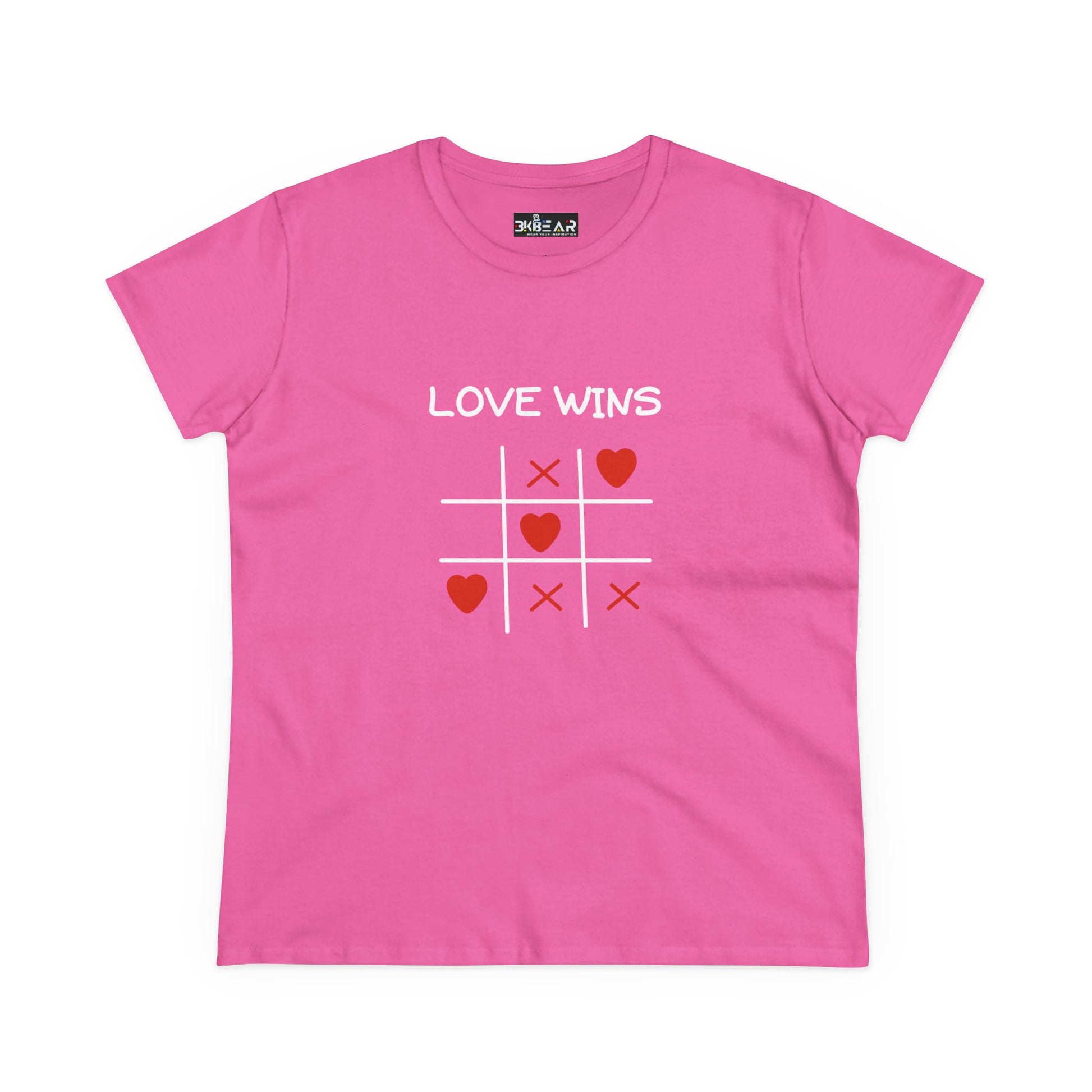 Pink inspirational cotton t-shirt for women with love wins tic tac toe heart design