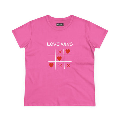 Pink inspirational cotton t-shirt for women with love wins tic tac toe heart design