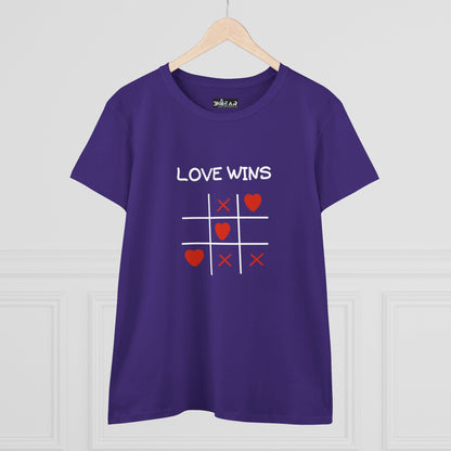 Inspirational cotton t-shirt for women in purple with Love Wins tic tac toe heart design
